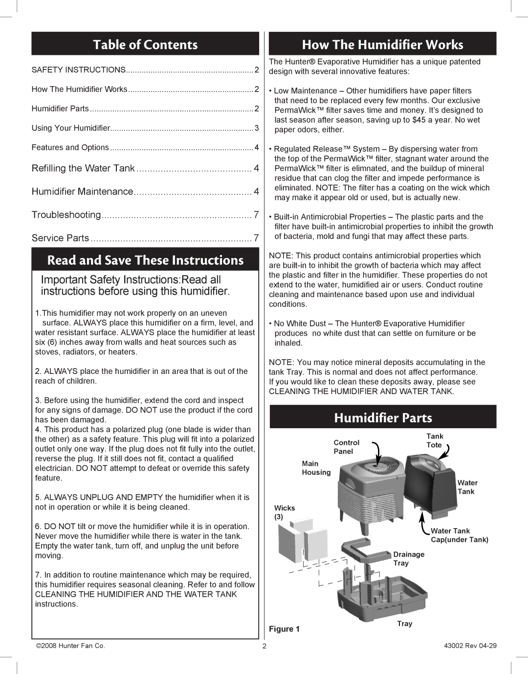 Hunter Fan 37407 manual Table of Contents, How The Humidifier Works, Humidifier Parts 