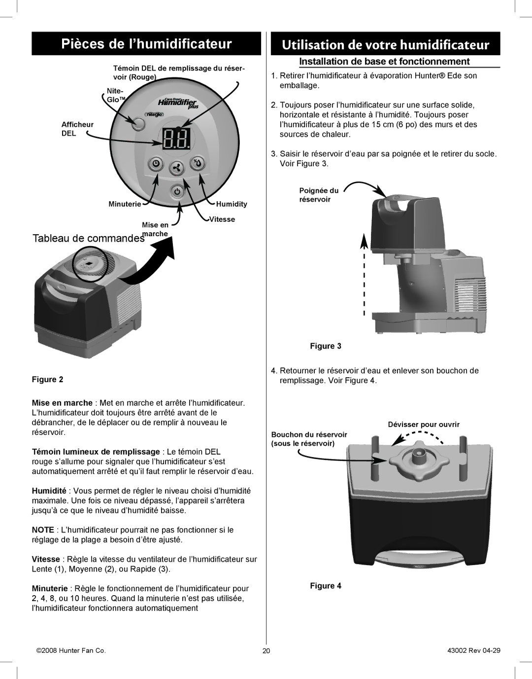 Hunter Fan 37407 manual Utilisation de votre humidificateur, Installation de base et fonctionnement 