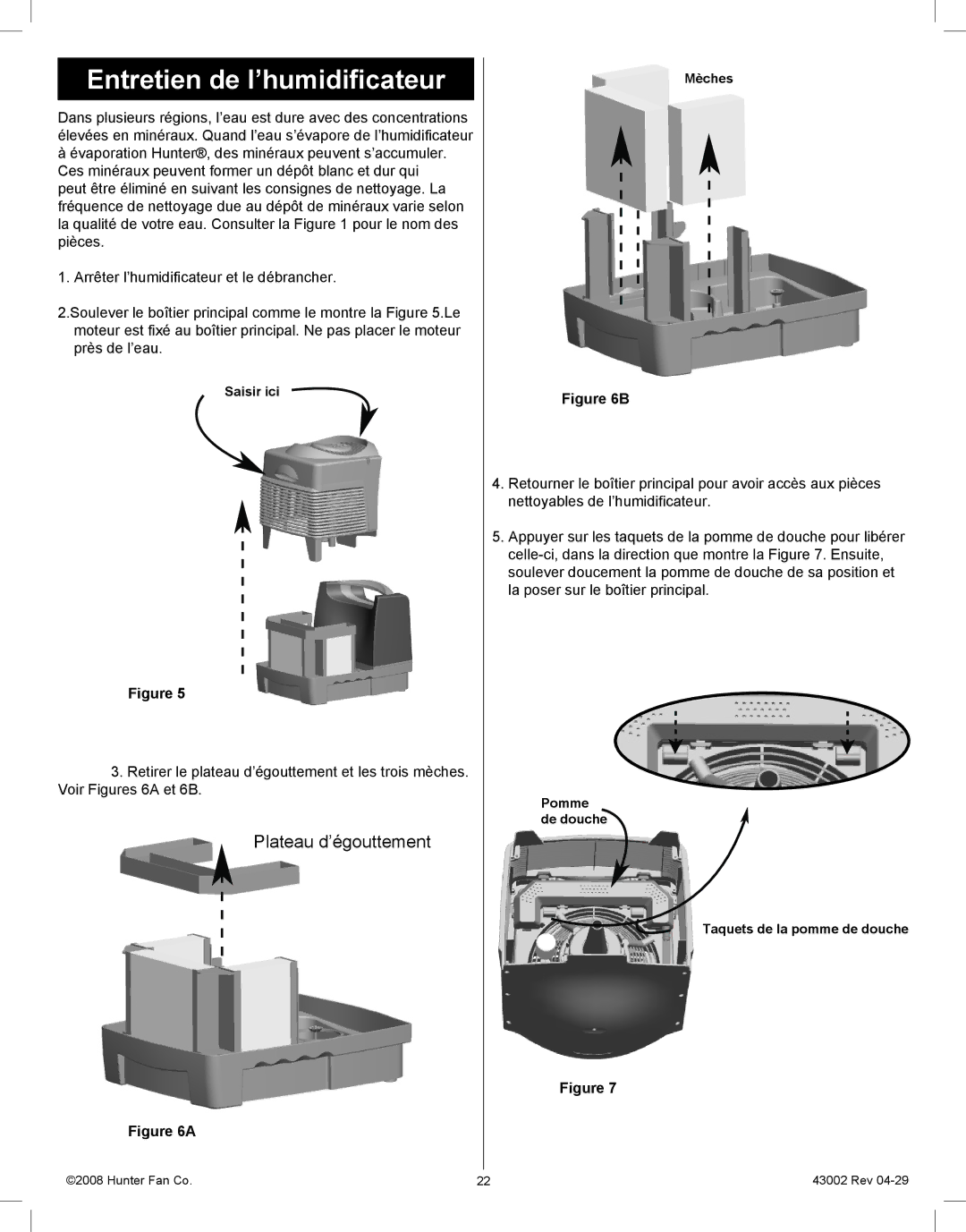 Hunter Fan 37407 manual Entretien de l’humidificateur, Plateau d’égouttement 