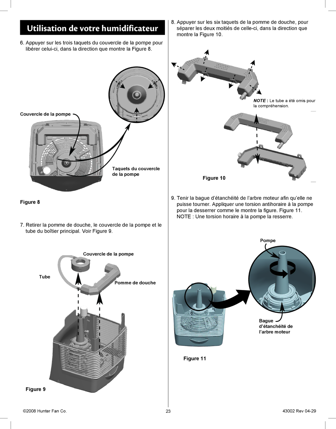 Hunter Fan 37407 manual Couvercle de la pompe Taquets du couvercle de la pompe 