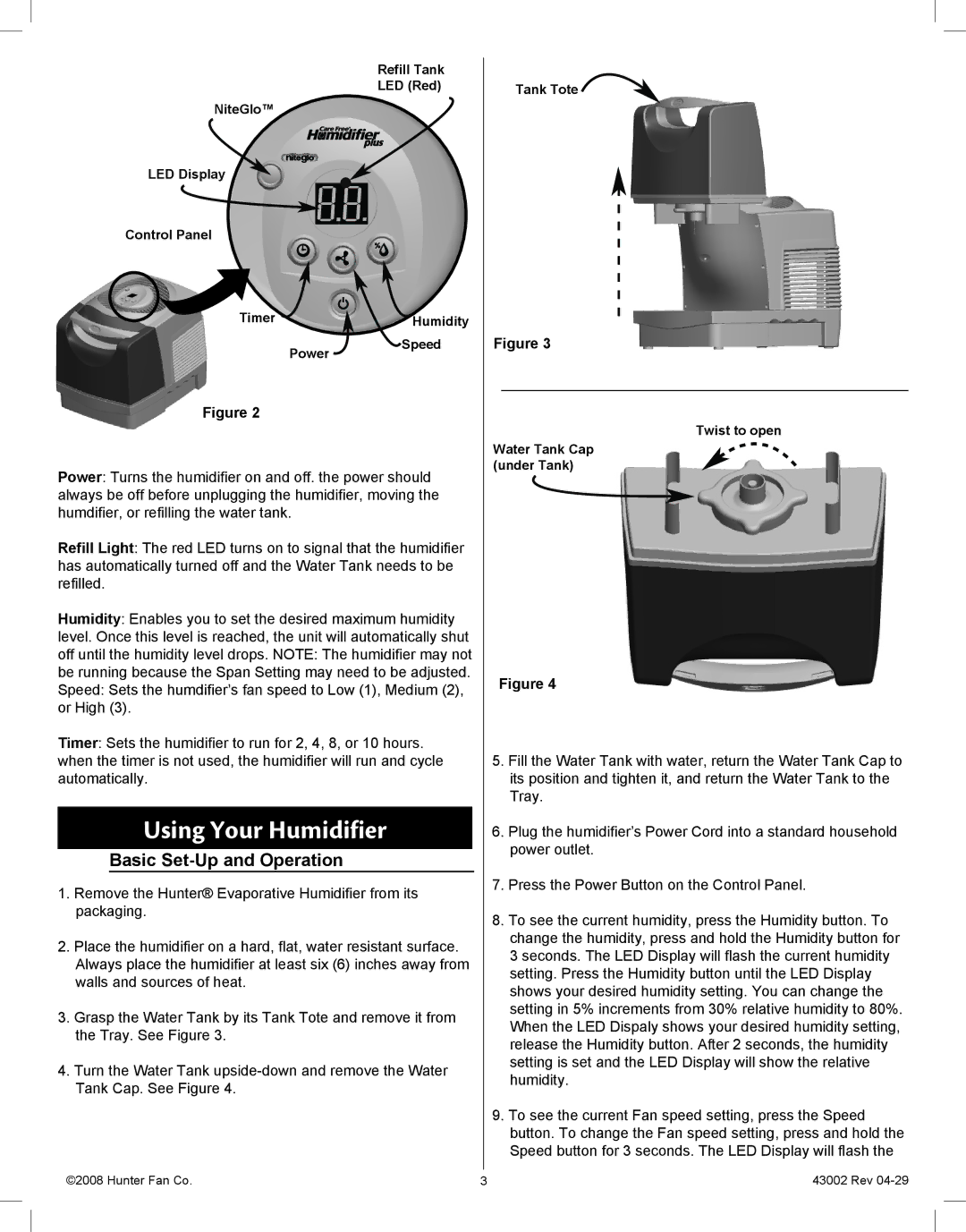 Hunter Fan 37407 manual Using Your Humidifier, Basic Set-Up and Operation 