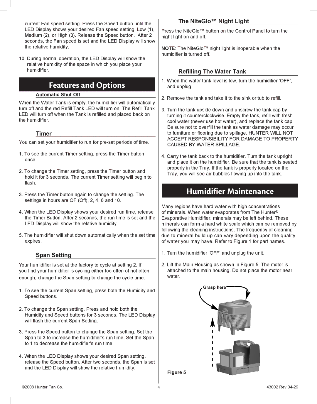 Hunter Fan 37407 manual Features and Options, Humidifier Maintenance 