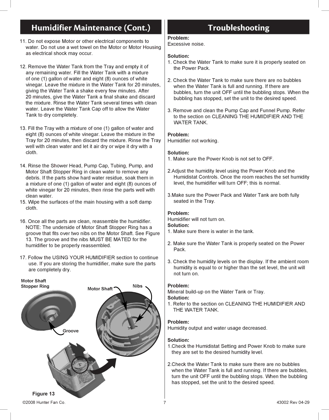 Hunter Fan 37407 manual Troubleshooting, Solution 