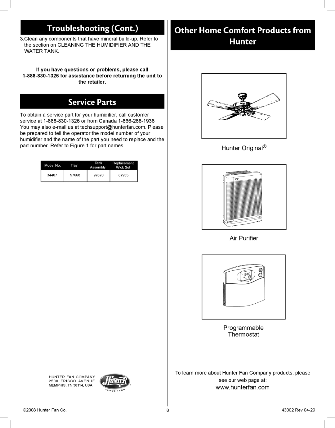 Hunter Fan 37407 manual Service Parts, Other Home Comfort Products from Hunter 