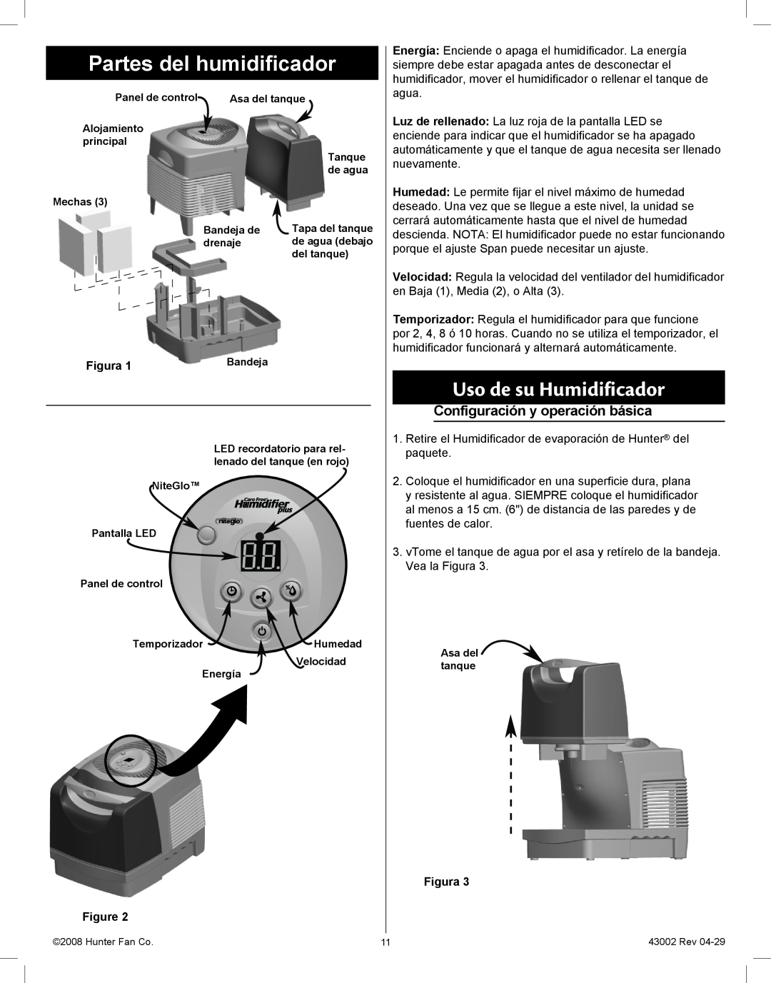 Hunter Fan 37407 manual Partes del humidificador, Uso de su Humidificador, Configuración y operación básica, Figura 