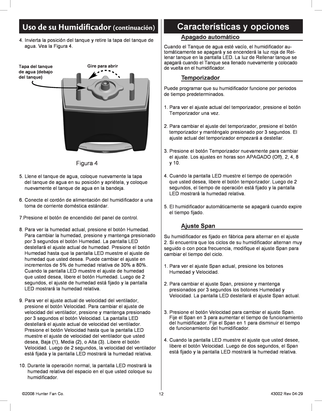 Hunter Fan 37407 manual Características y opciones, Uso de su Humidificador continuación, Apagado automático, Temporizador 
