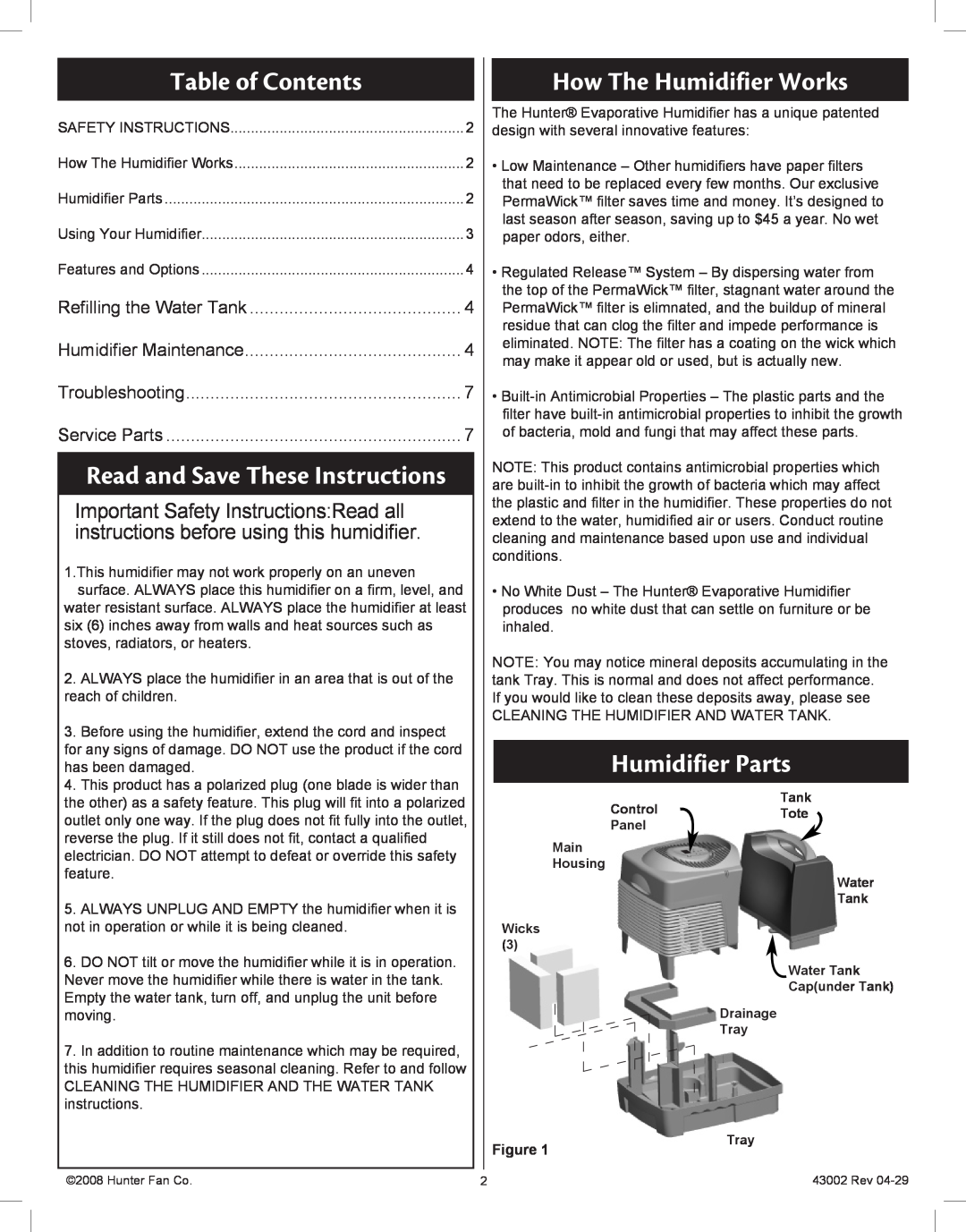 Hunter Fan 37407 Table of Contents, How The Humidifier Works, Humidifier Parts, Important Safety Instructions Read all 