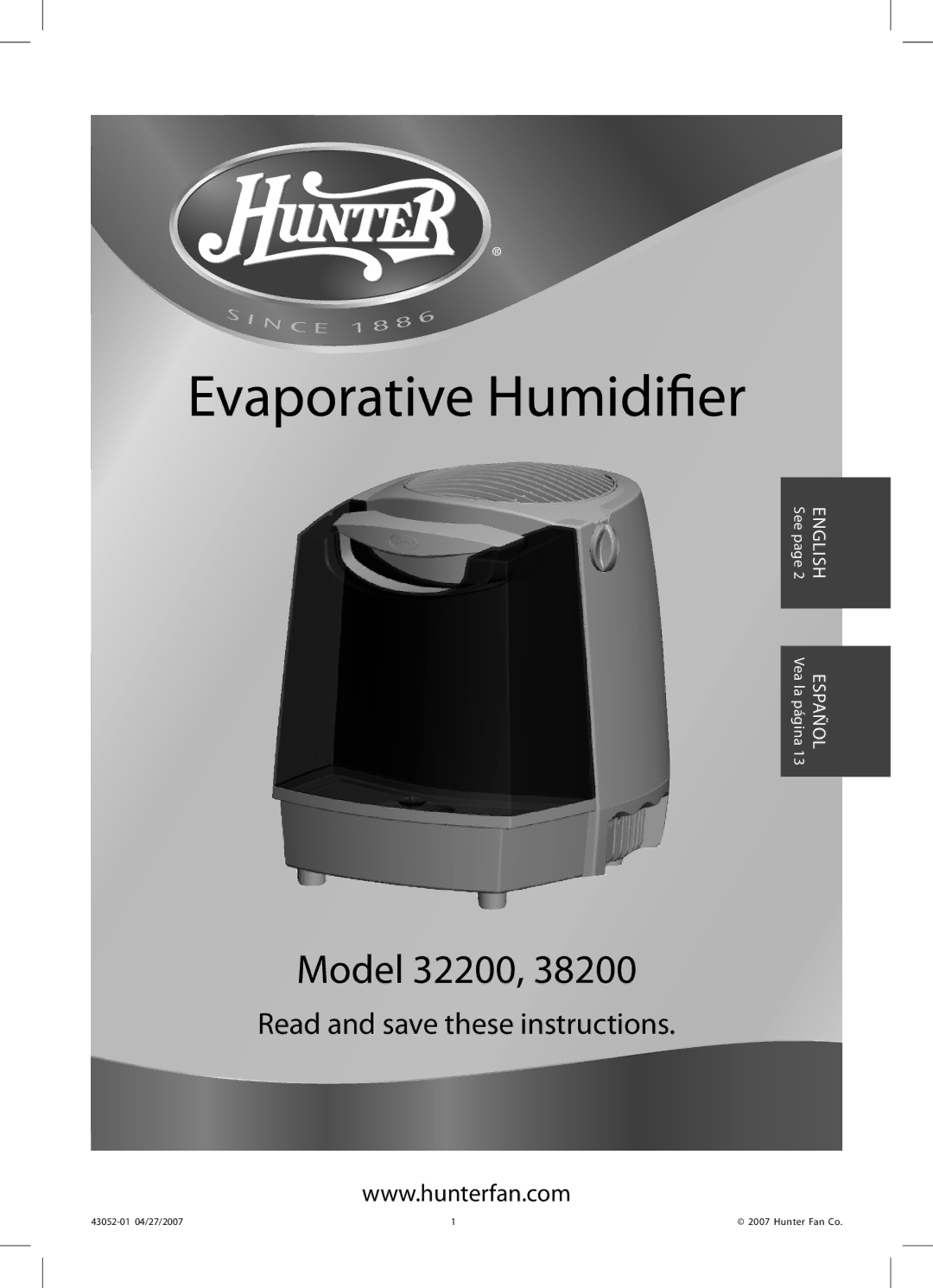 Hunter Fan 38200 manual Evaporative Humidifier 