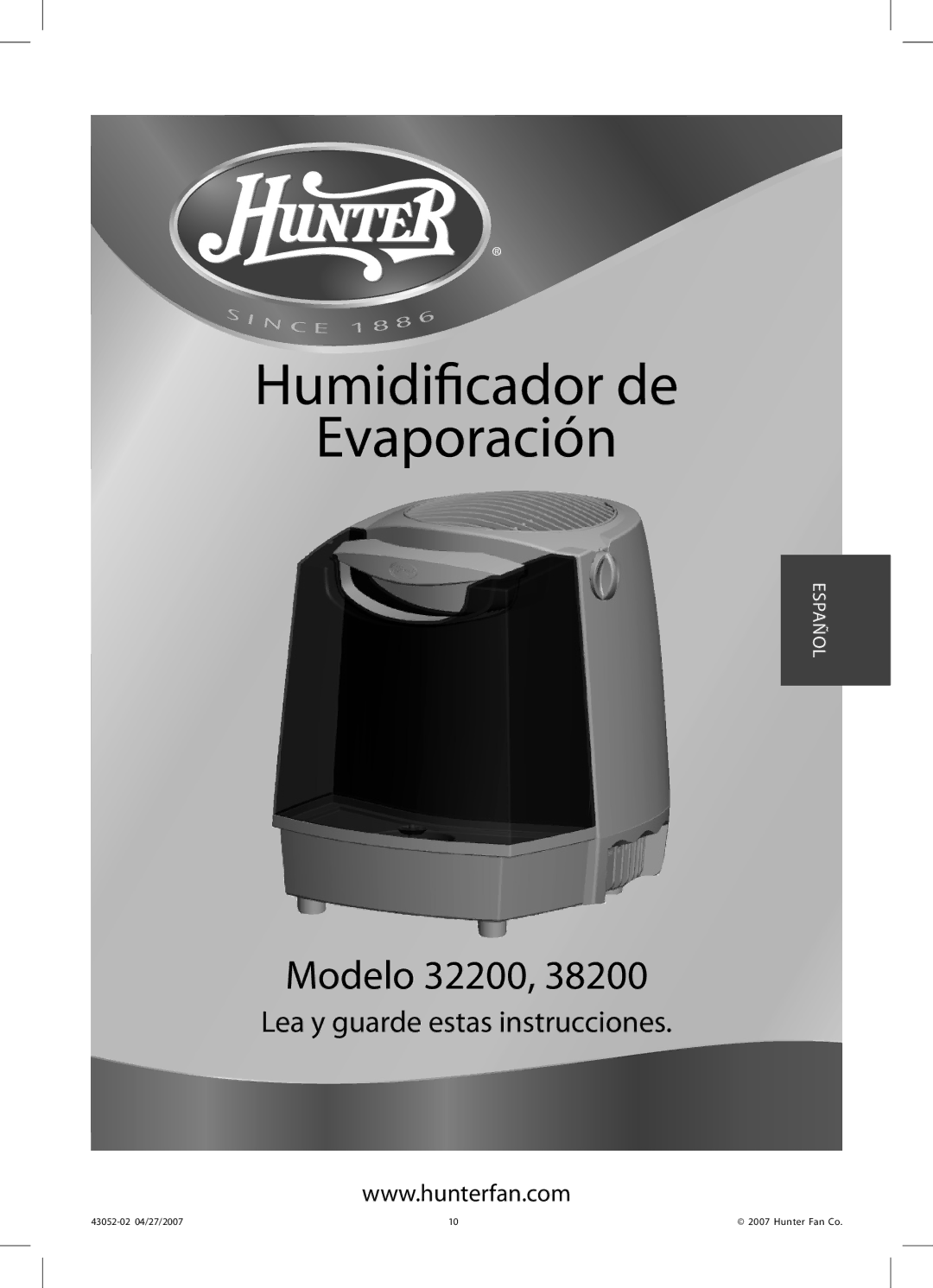 Hunter Fan 38200 manual Humidificador de Evaporación 