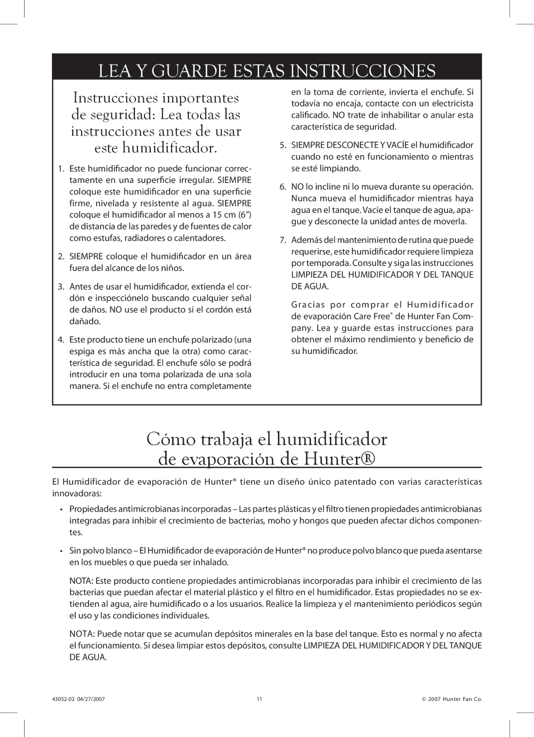 Hunter Fan 38200 manual Cómo trabaja el humidificador de evaporación de Hunter 