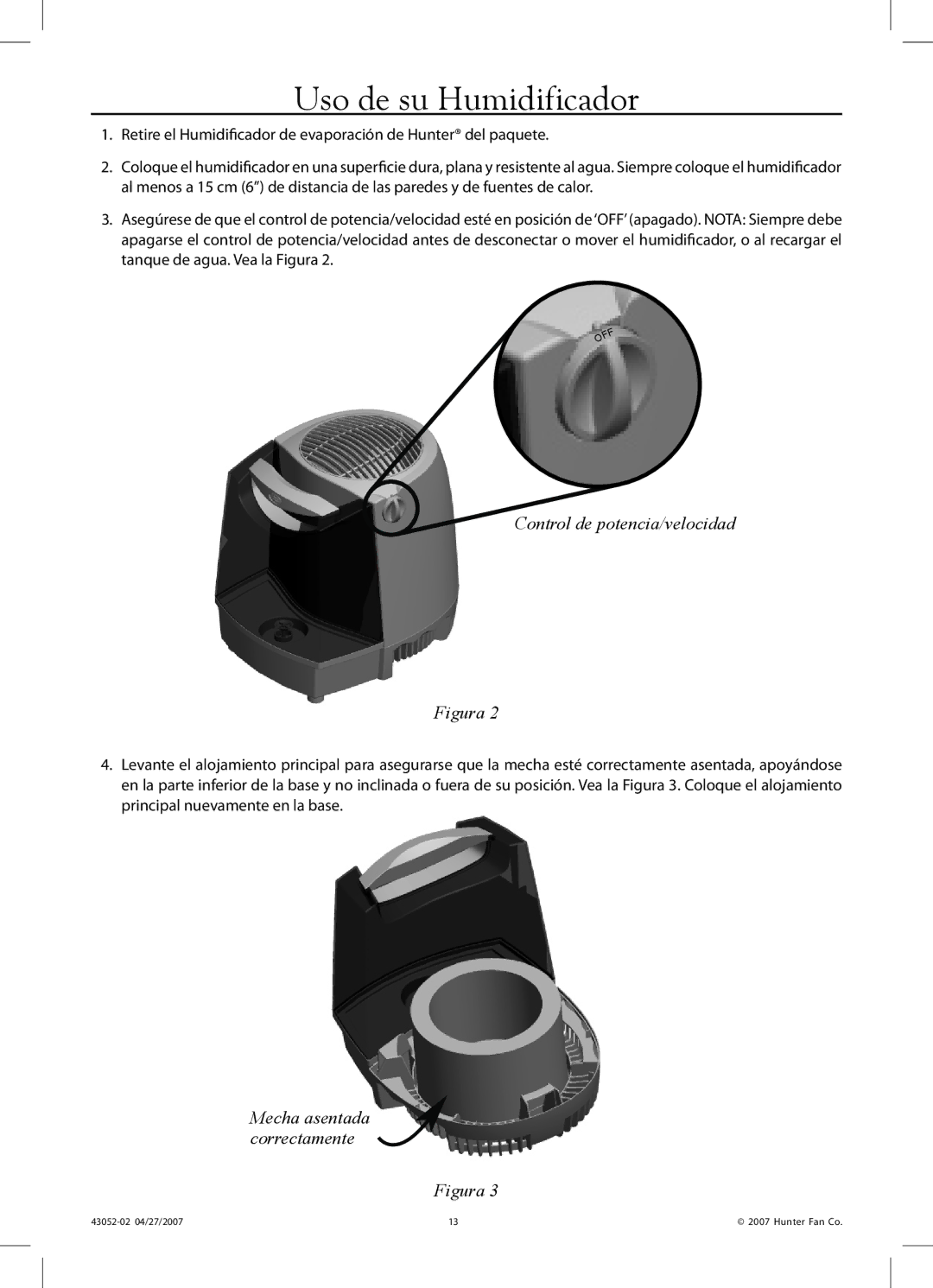 Hunter Fan 38200 manual Uso de su Humidificador, Mecha asentada correctamente 