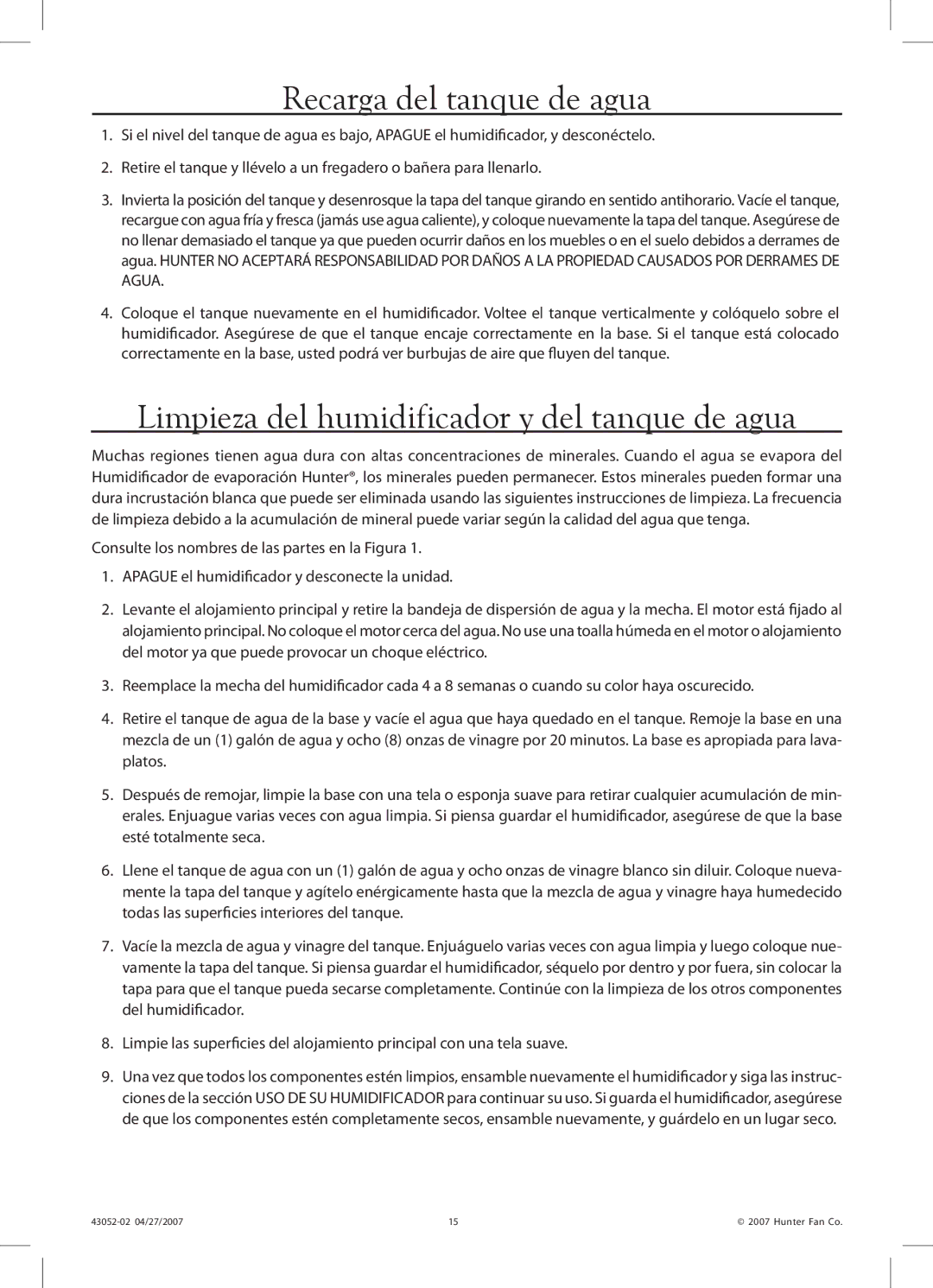 Hunter Fan 38200 manual Recarga del tanque de agua, Limpieza del humidificador y del tanque de agua 