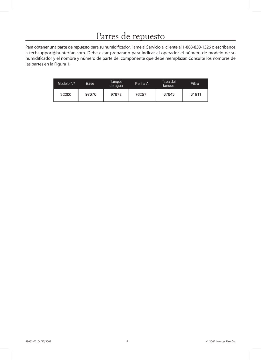 Hunter Fan 38200 manual Partes de repuesto 