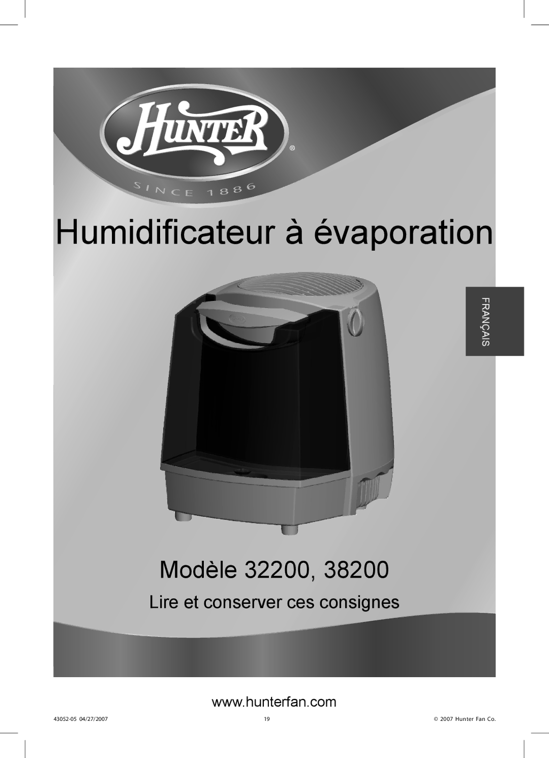 Hunter Fan 38200 manual Humidificateur à évaporation 