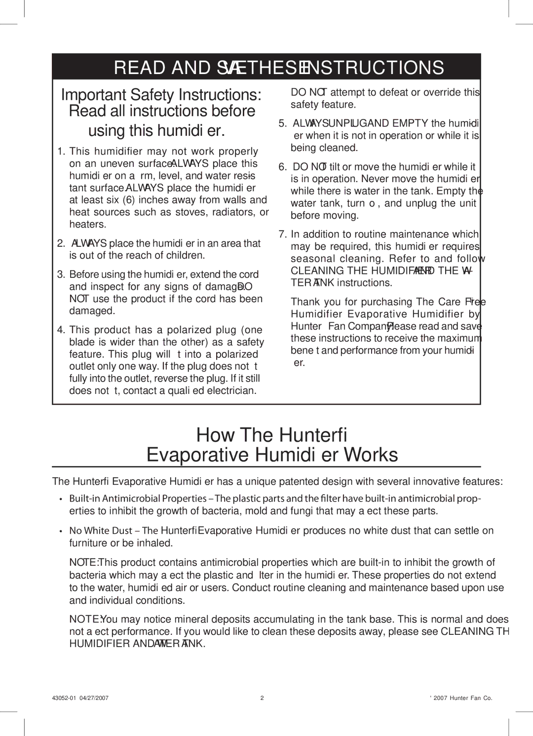 Hunter Fan 38200 manual How The Hunter Evaporative Humidifier Works, Read and Save These Instructions 