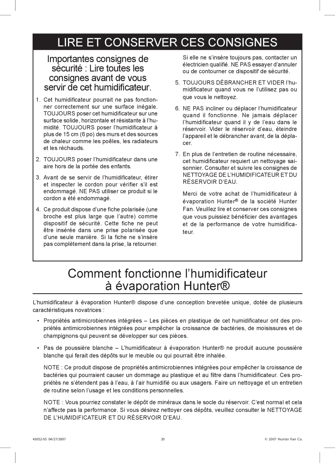 Hunter Fan 38200 manual Comment fonctionne l’humidificateur Évaporation Hunter, Lire ET Conserver CES Consignes 