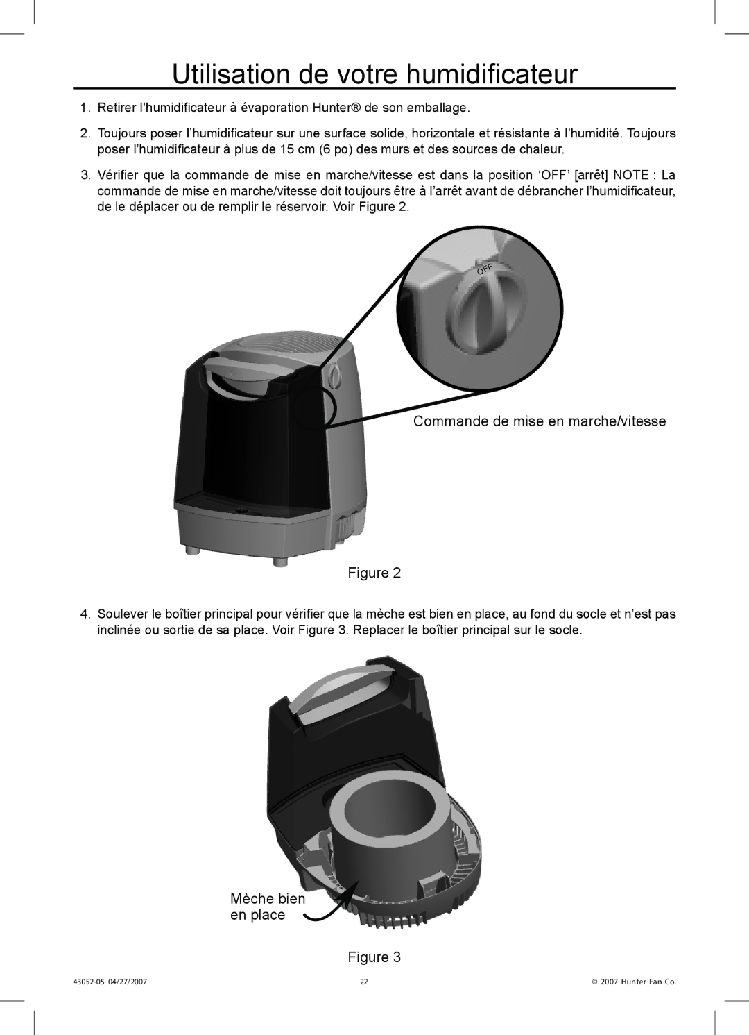 Hunter Fan 38200 manual Utilisation de votre humidificateur, Commande de mise en marche/vitesse 