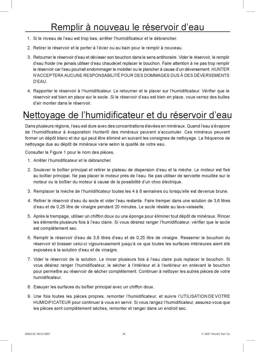 Hunter Fan 38200 manual Remplir à nouveau le réservoir d’eau, Nettoyage de l’humidificateur et du réservoir d’eau 