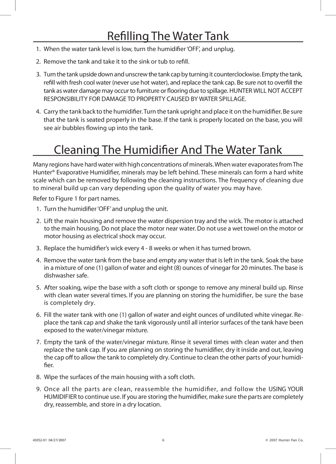 Hunter Fan 38200 manual Refilling The Water Tank, Cleaning The Humidifier And The Water Tank 