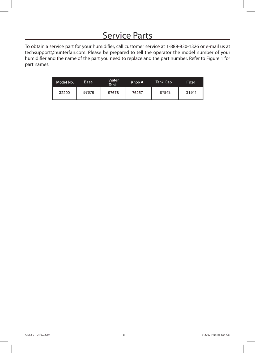 Hunter Fan 38200 manual Service Parts 
