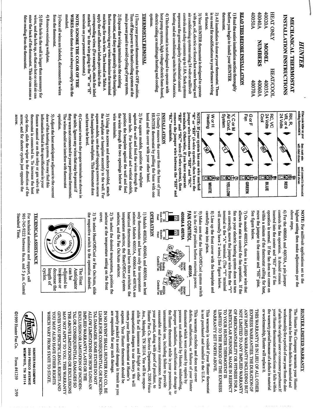 Hunter Fan 40040A, 40050A, 40070A, 40060A manual 