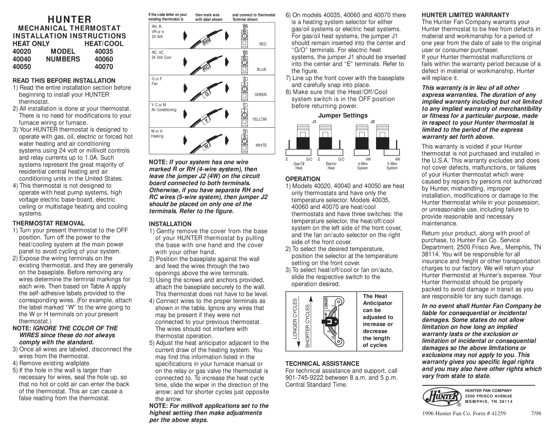 Hunter Fan 40035 installation instructions Hunter Limited Warranty, Heat/Cool, Read this Before Installation, Operation 