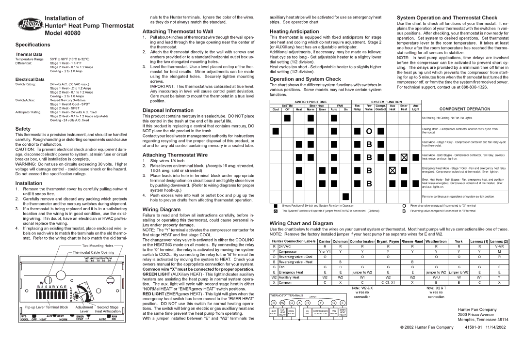 Hunter Fan 40080 specifications Specifications, Attaching Thermostat to Wall, Heating Anticipation, Safety, Installation 