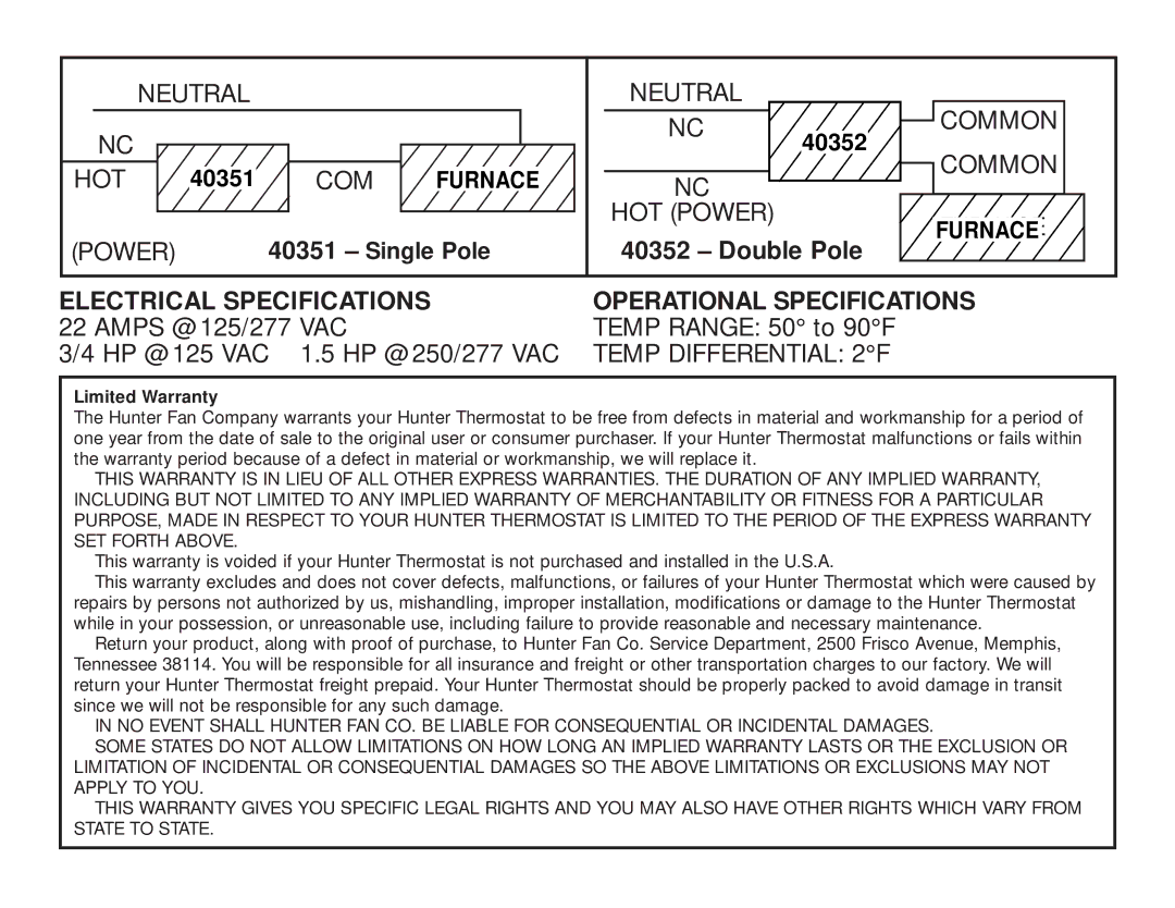 Hunter Fan 40351, 40352 manual Electrical Specifications 