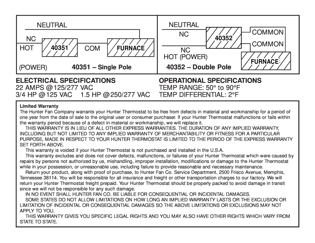 Hunter Fan 40351 manual Double Pole, Electrical Specifications, 40352, Single Pole, Operational Specifications 