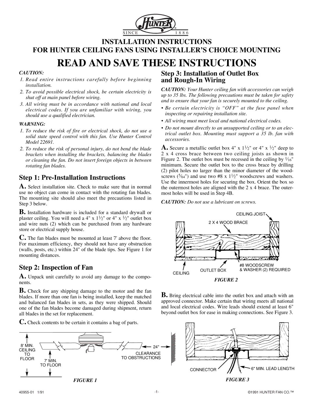 Hunter Fan 40955-01 installation instructions Pre-Installation Instructions, Inspection of Fan 