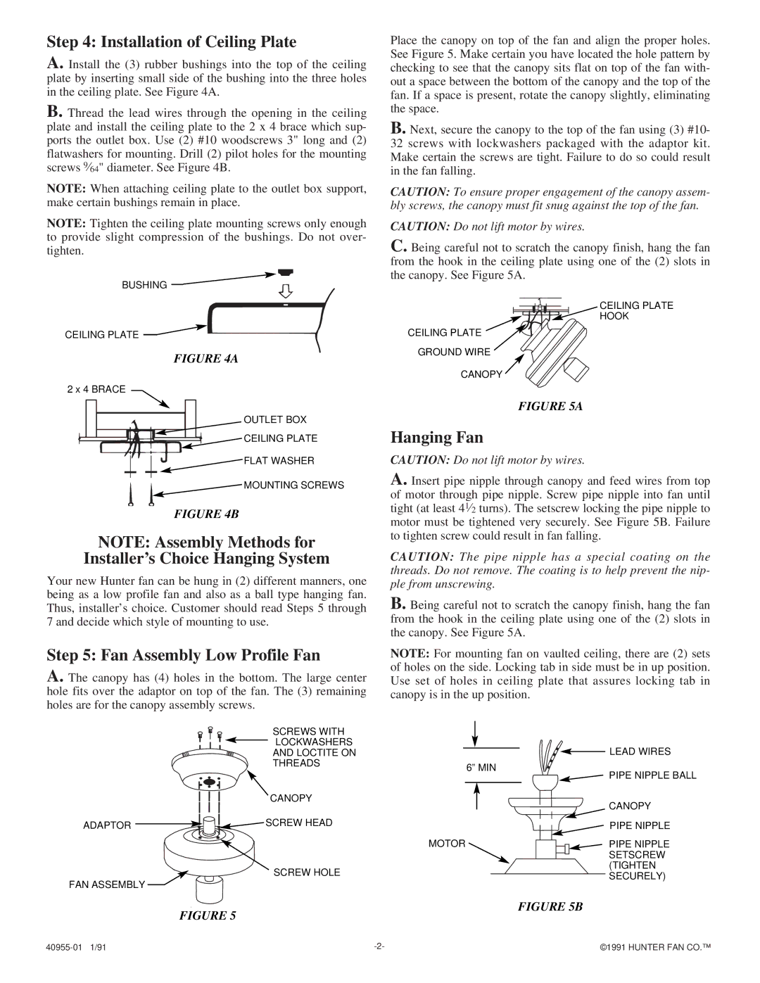 Hunter Fan 40955-01 Installation of Ceiling Plate, Installer’s Choice Hanging System, Fan Assembly Low Profile Fan 