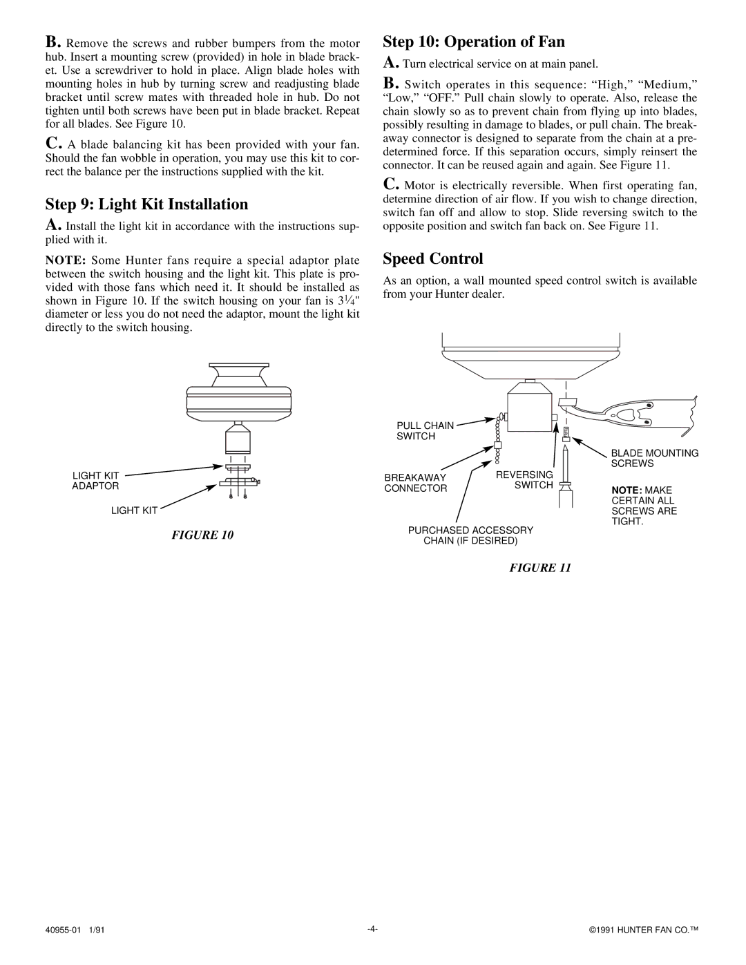 Hunter Fan 40955-01 installation instructions Light Kit Installation, Operation of Fan, Speed Control 