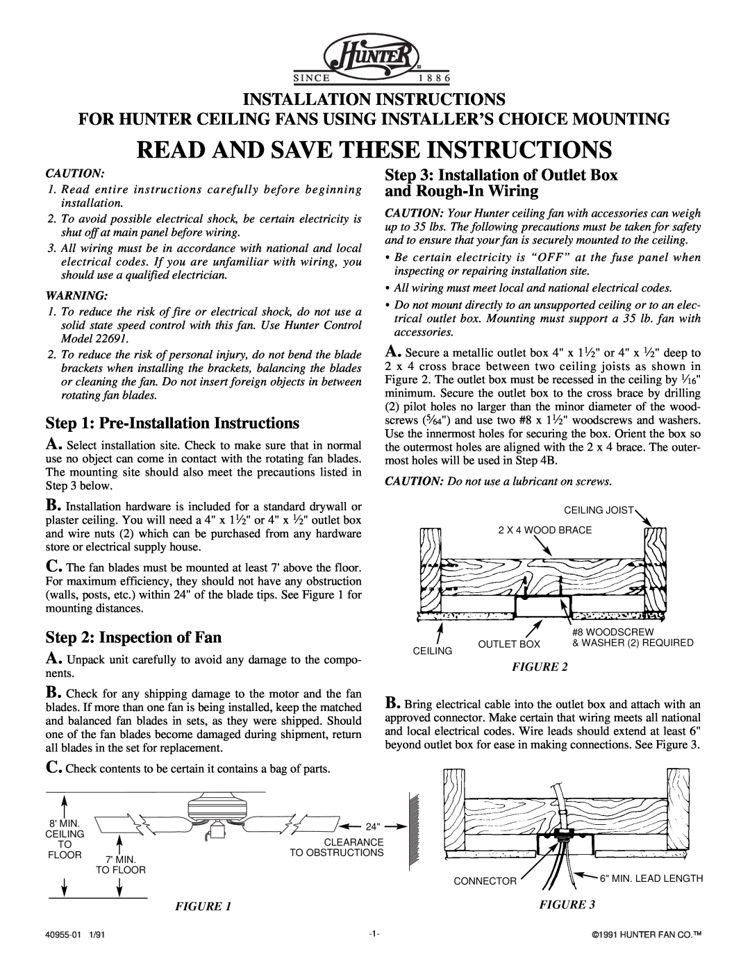 Hunter Fan 40955-01 installation instructions Pre-InstallationInstructions, Inspection of Fan, Installation Instructions 