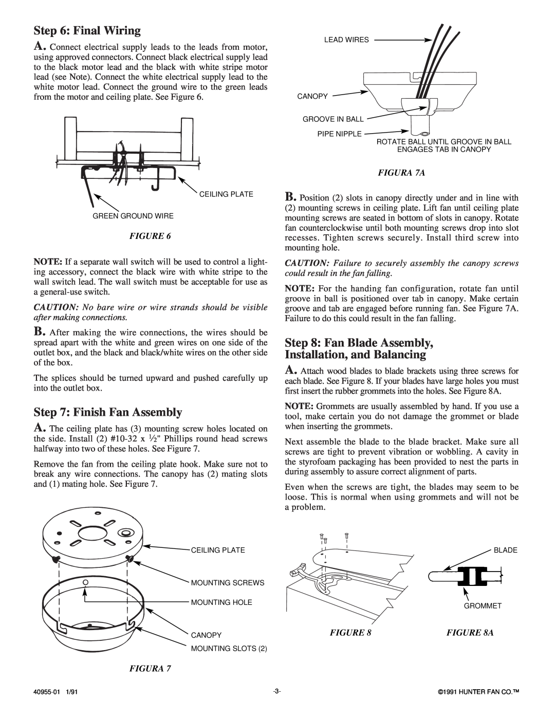 Hunter Fan 40955-01 Final Wiring, Finish Fan Assembly, Fan Blade Assembly, Installation, and Balancing, Figura, FIGURA 7A 