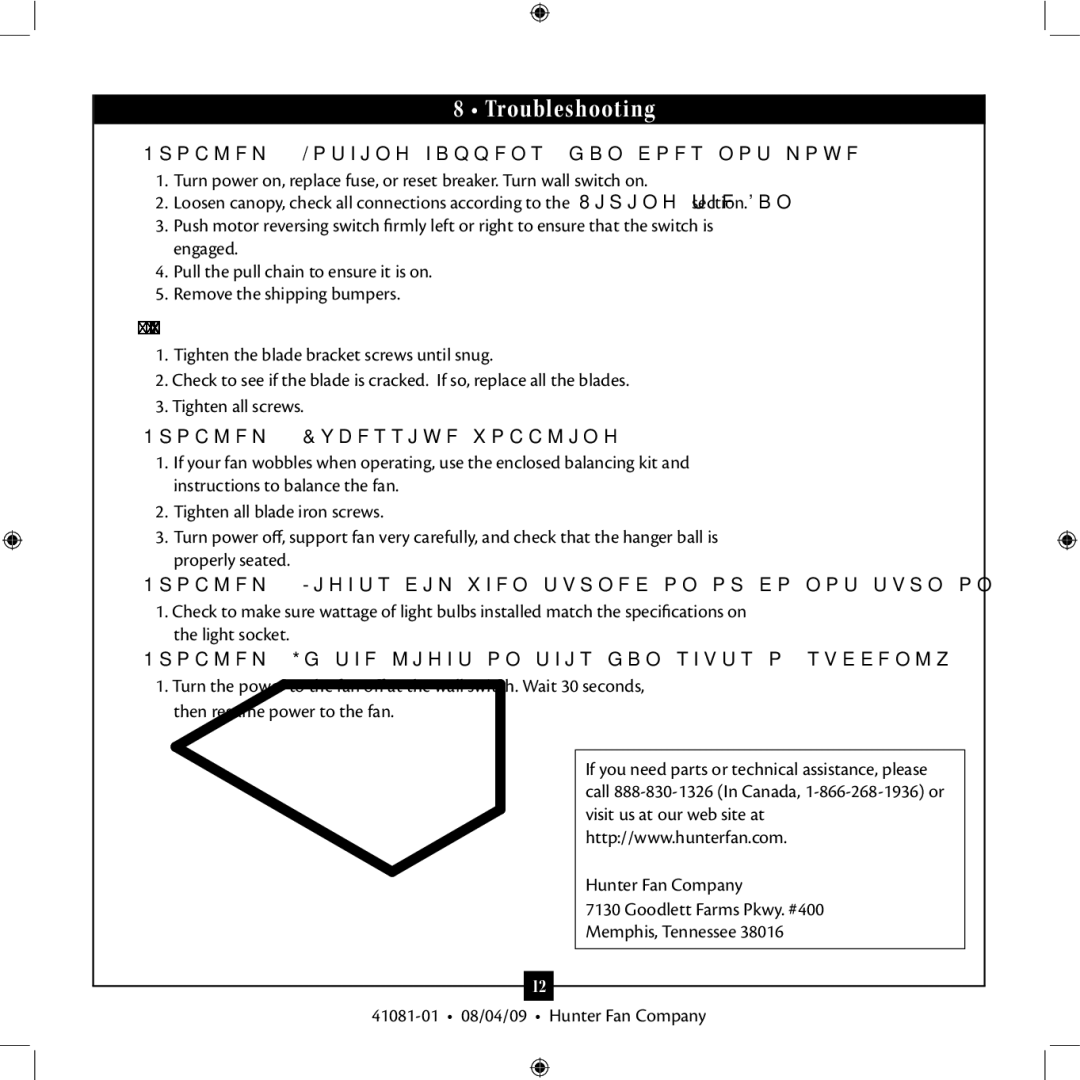 Hunter Fan 41081-01 installation manual Troubleshooting 