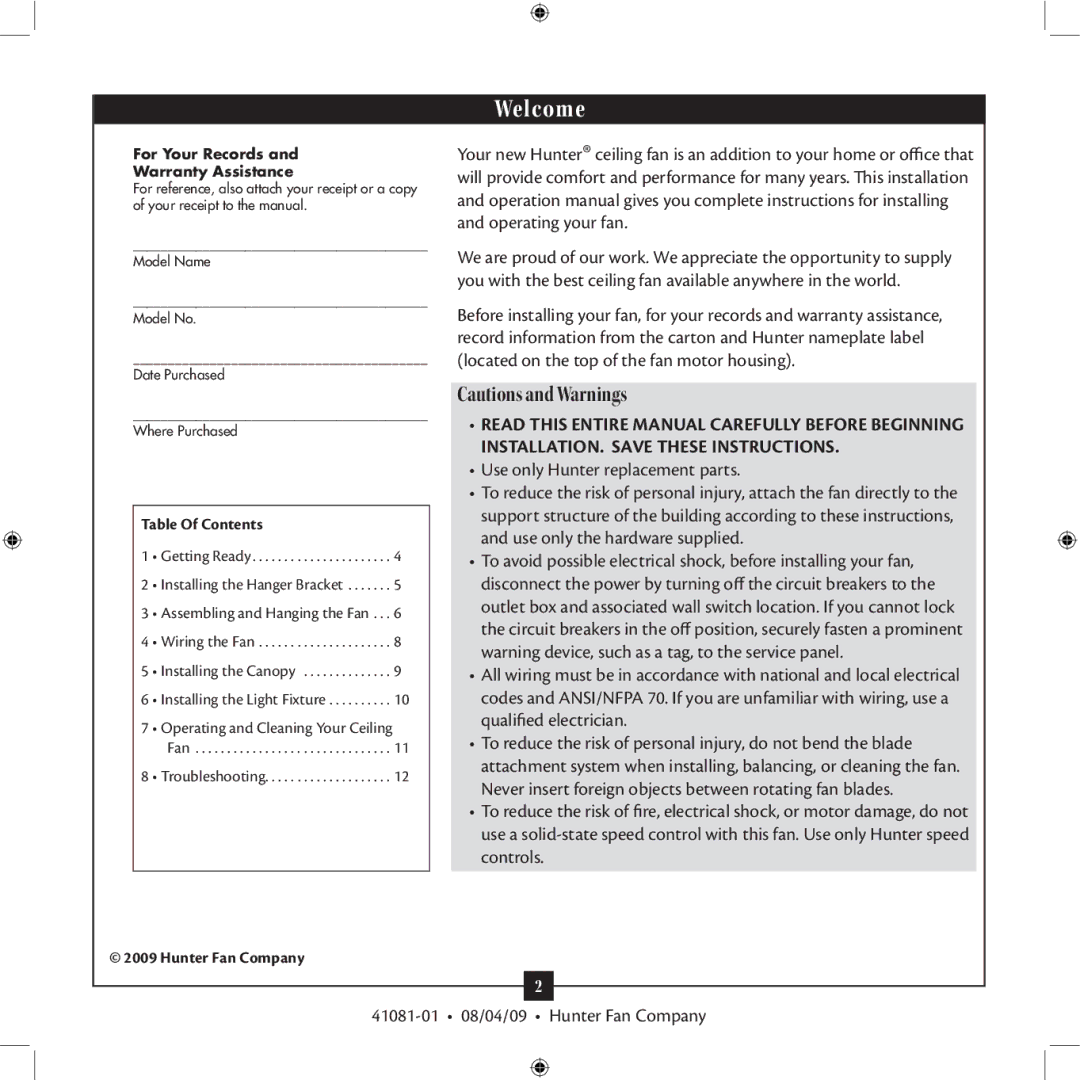 Hunter Fan 41081-01 installation manual Welcome 