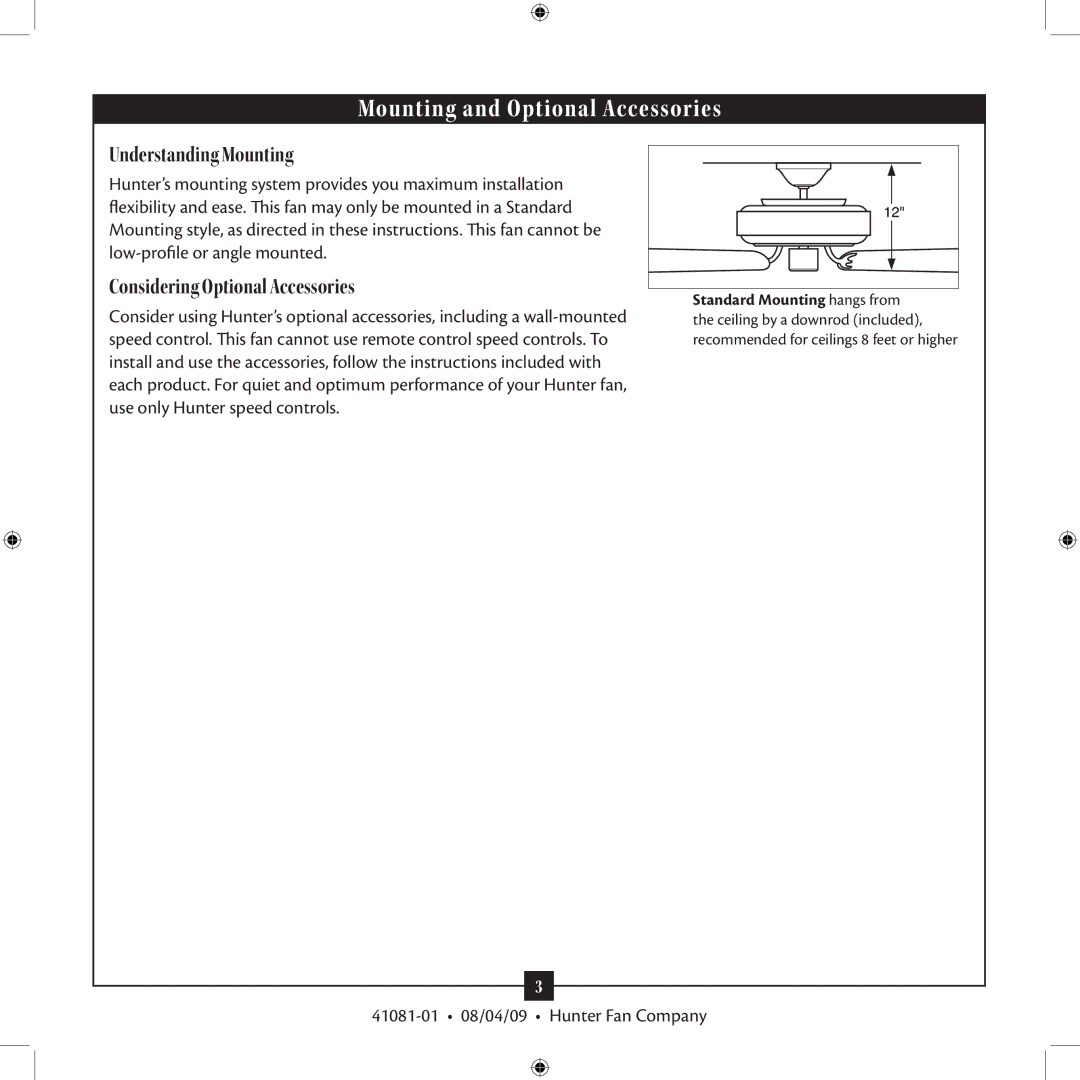 Hunter Fan 41081-01 installation manual Mounting and Optional Accessories 