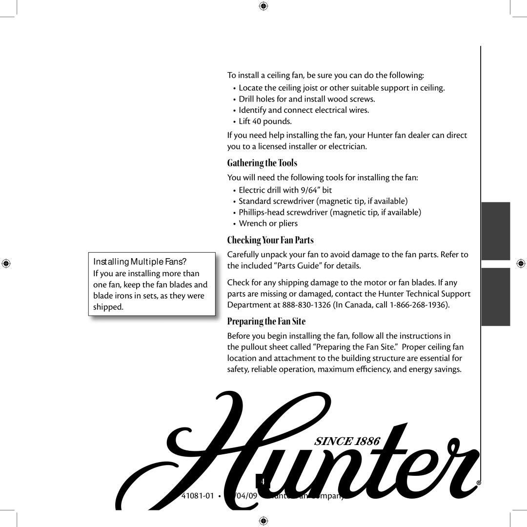 Hunter Fan 41081-01 installation manual Getting Ready, Installing Multiple Fans? 