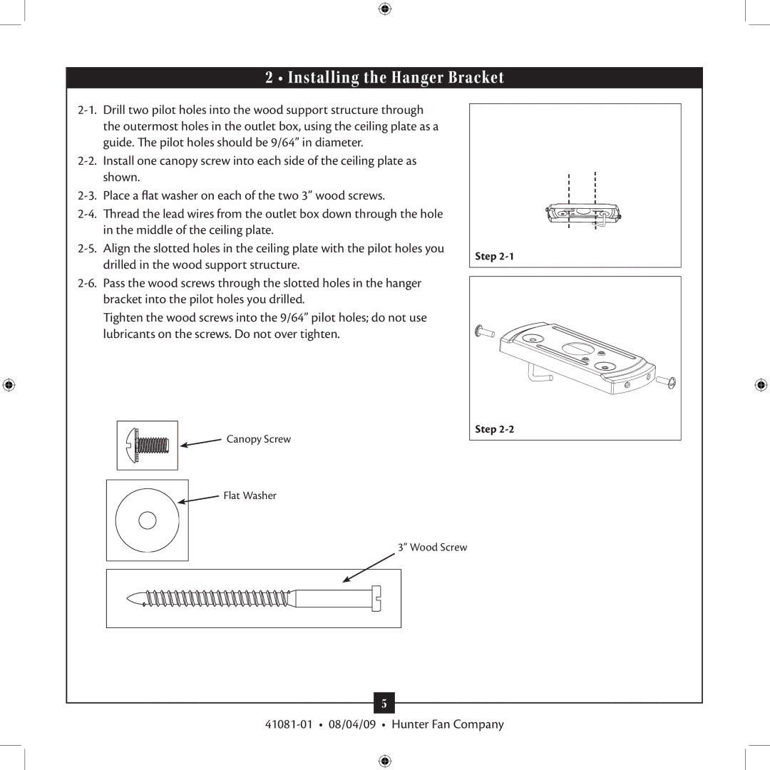 Hunter Fan 41081-01 installation manual Installing the Hanger Bracket 