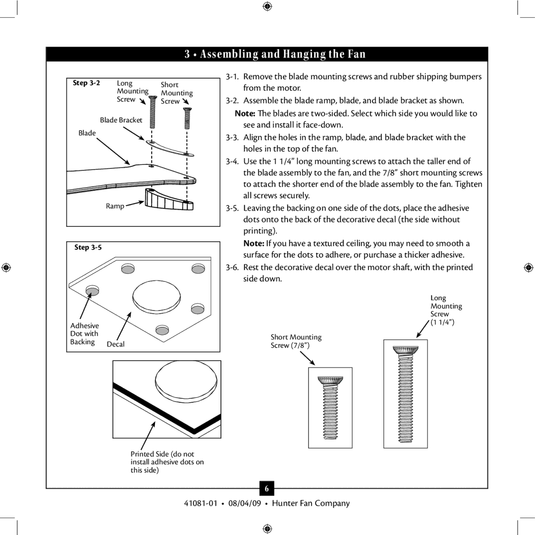 Hunter Fan 41081-01 installation manual Assembling and Hanging the Fan, Holes in the top of the fan 