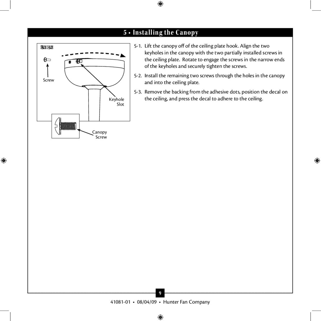 Hunter Fan 41081-01 installation manual Installing the Canopy 