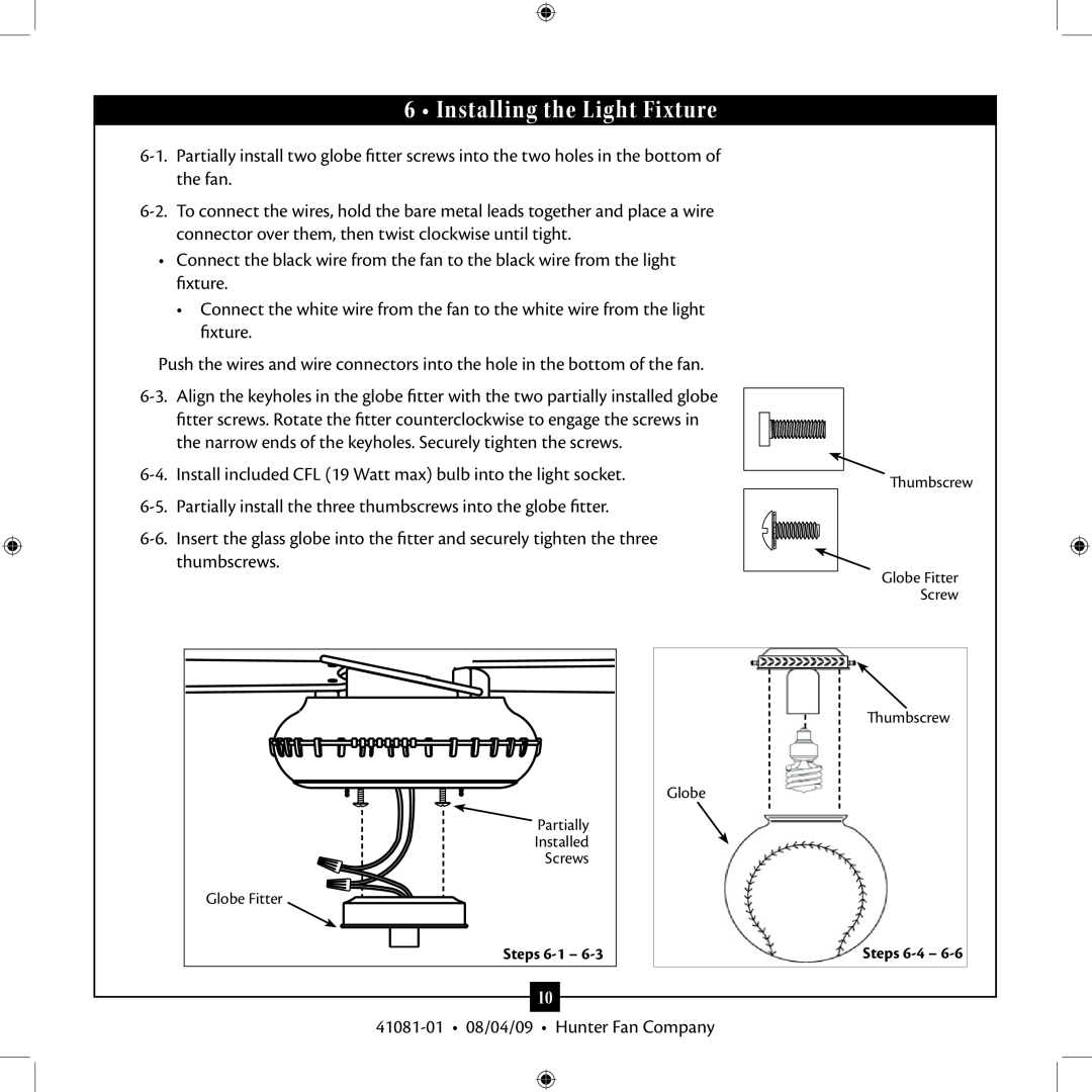 Hunter Fan 41081-01 installation manual Installing the Light Fixture 