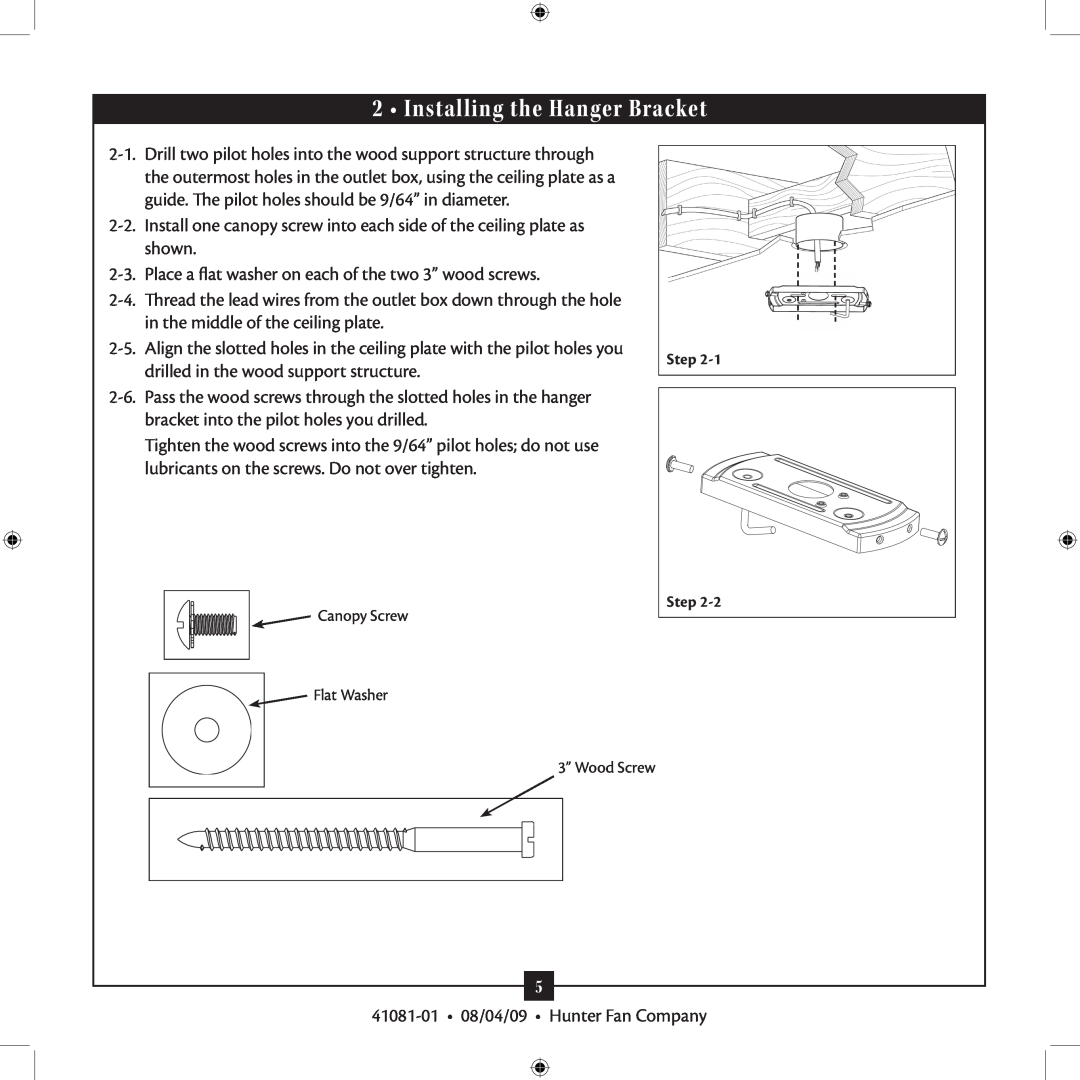 Hunter Fan 41081-01 installation manual Installing the Hanger Bracket 