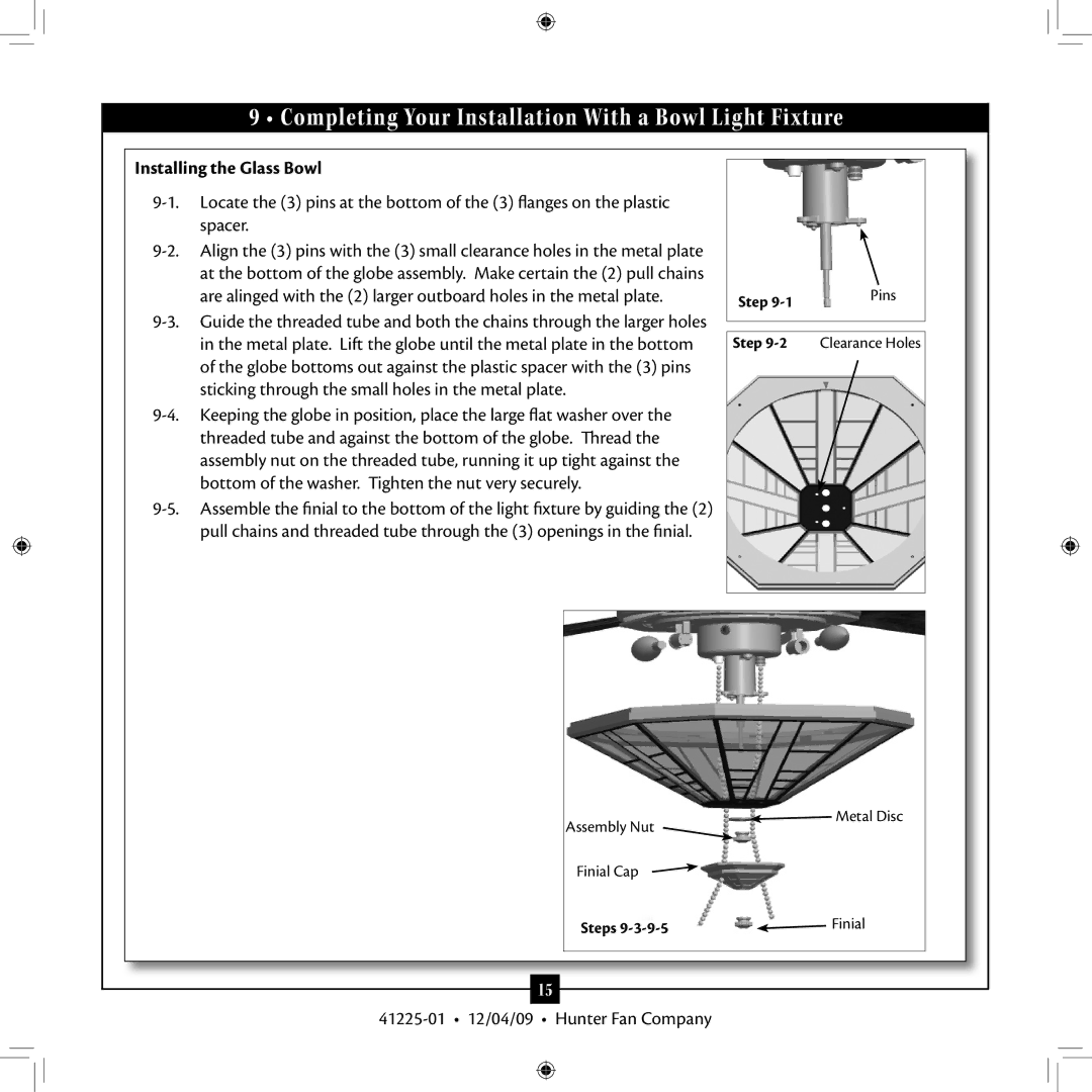 Hunter Fan 41225-01 installation manual Completing Your Installation With a Bowl Light Fixture, Installing the Glass Bowl 