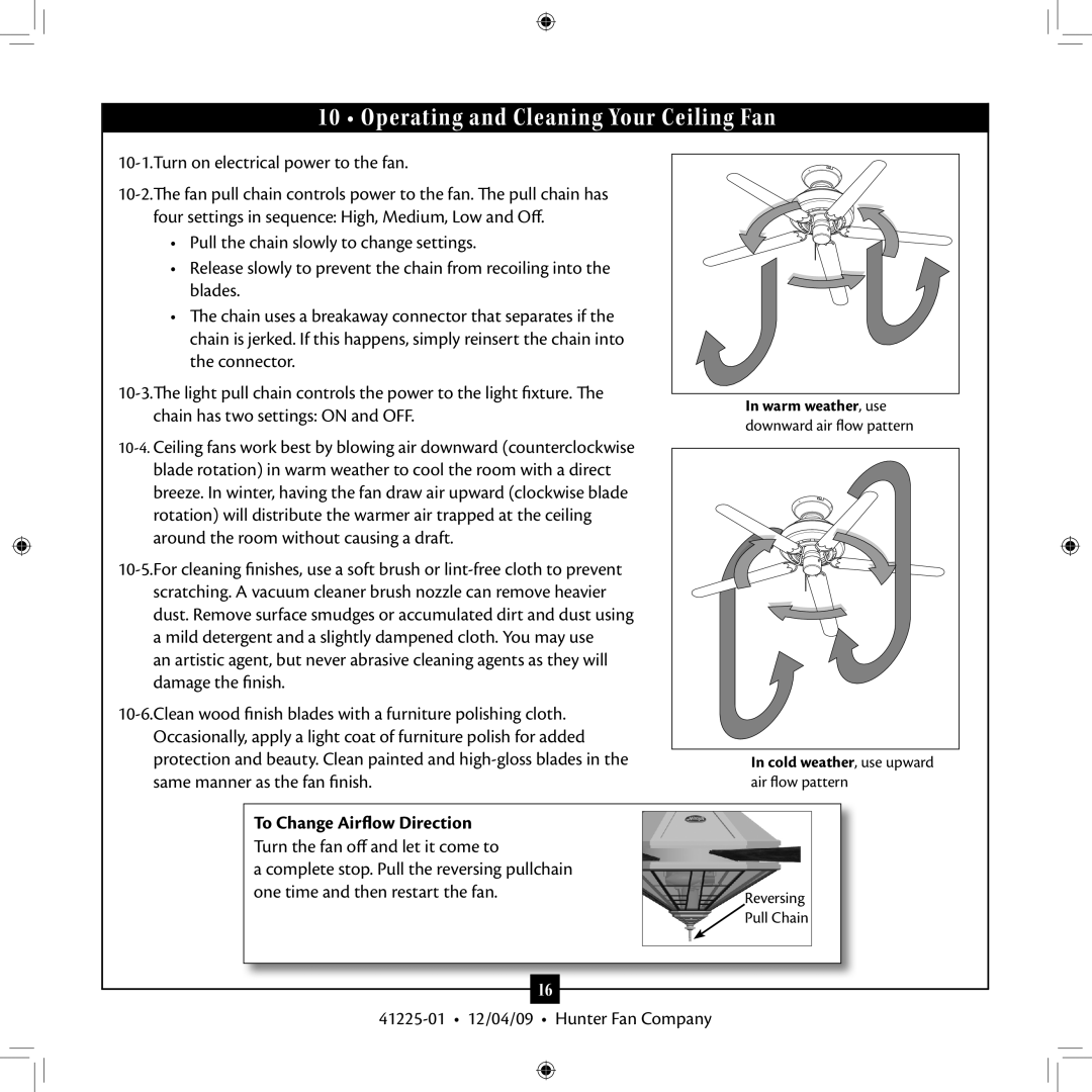 Hunter Fan 41225-01 installation manual Operating and Cleaning Your Ceiling Fan, To Change Airflow Direction 