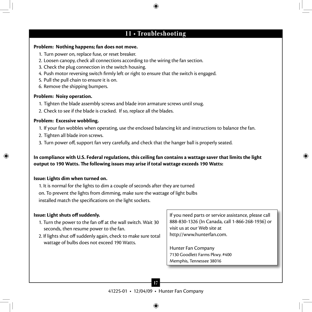 Hunter Fan 41225-01 installation manual Troubleshooting 