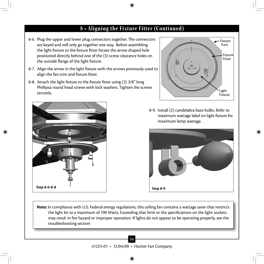 Hunter Fan 41225-01 installation manual Aligning the Fixture Fitter Continued 