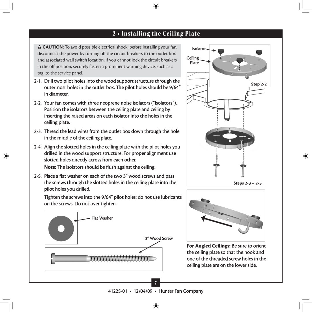 Hunter Fan 41225-01 installation manual Installing the Ceiling Plate 