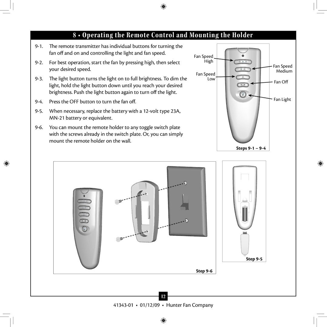 Hunter Fan 41343-01 installation manual Operating the Remote Control and Mounting the Holder 