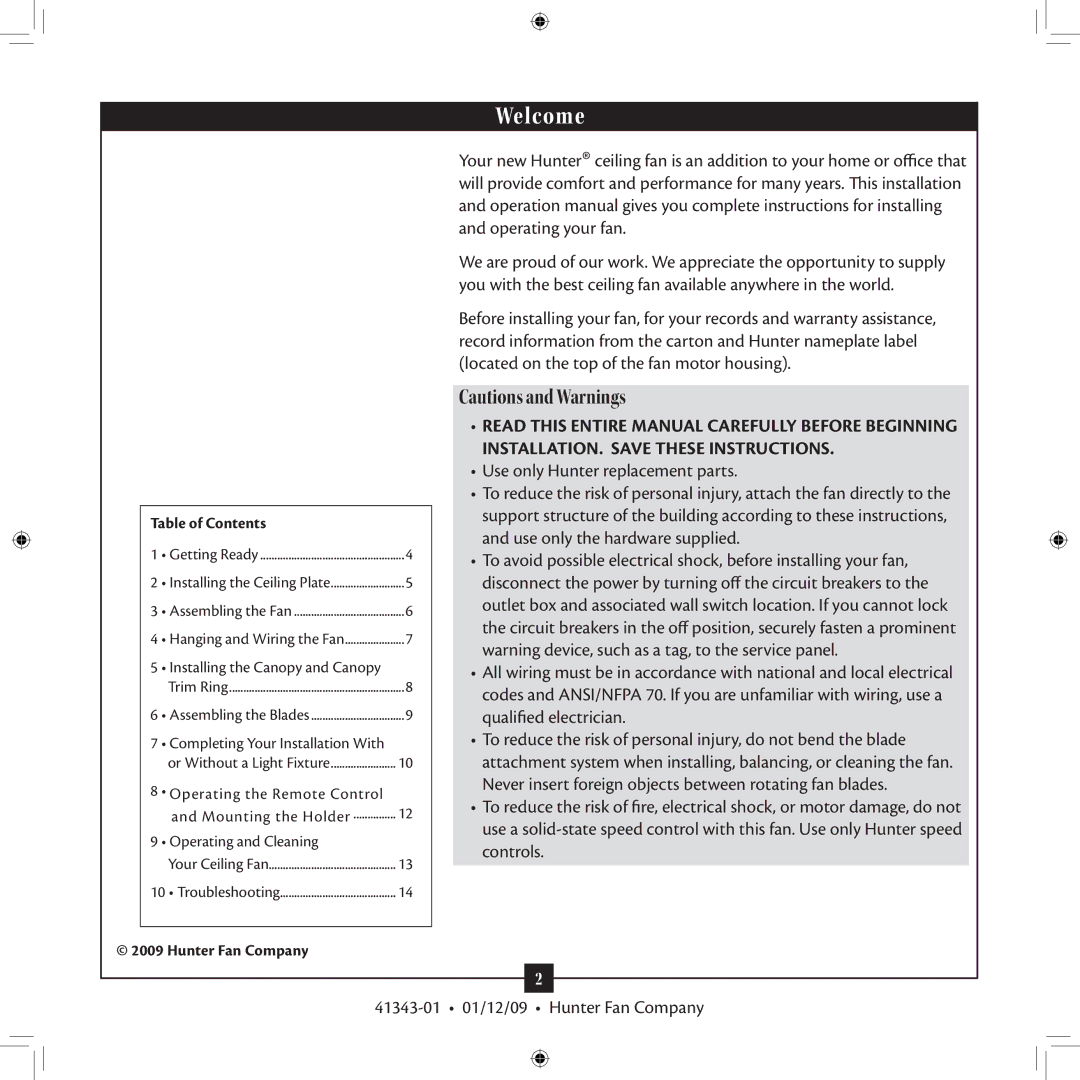 Hunter Fan 41343-01 installation manual Welcome 